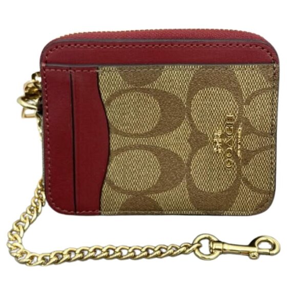 COACH Leather Zip Card Case Signature Khaki Cherry Detachable Chain NWT - Picture 2 of 11